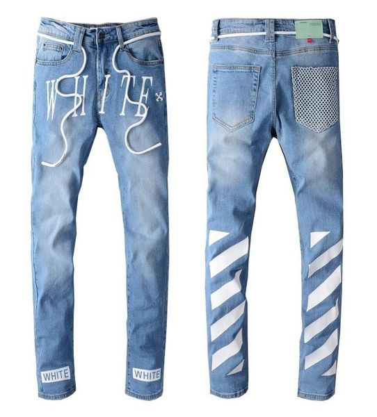 

gao street men jeans off printing embroidery light color elastic force slim fit white jeans male chao4554573, Blue