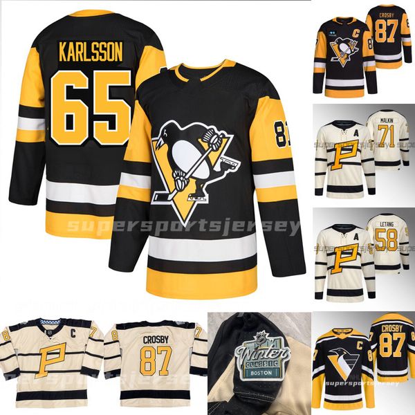 

65 erik karlsson penguins jersey sidney crosby mikael granlund kris letang jake guentzel tristan jarry jeff carter evgeni malkin casey desmi, Black;red
