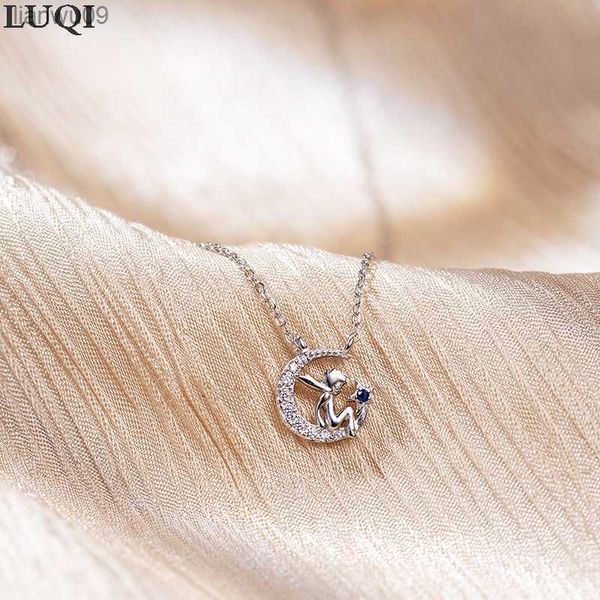 

women's fashion s925 silver plated platinum microinlaid zircon moon prince pendant personality necklaces x71 l230704