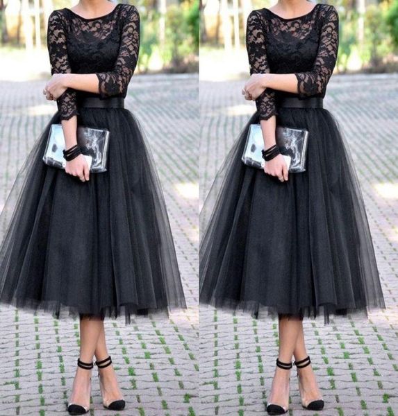 

2019 tea length bridesmaid dresses evening dress 34 long sleeves jewel a line black party gowns lace long wedding guest dresses7425873, Blue;red