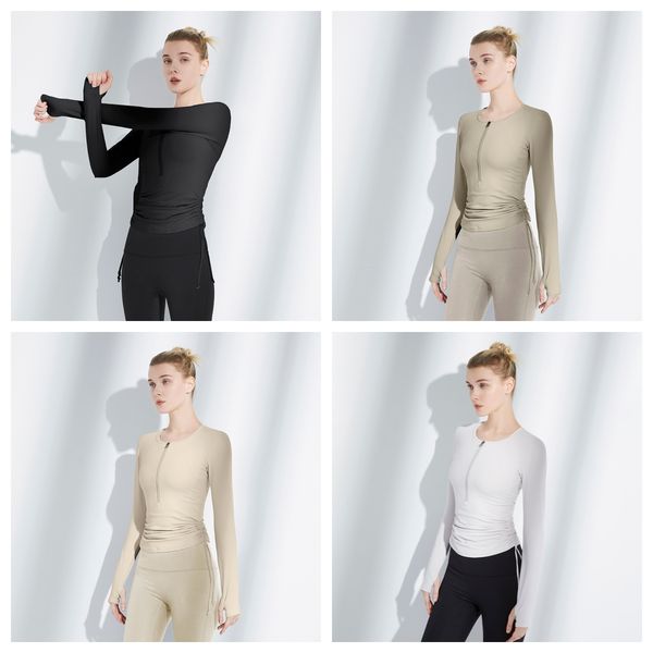 

autumn and winter drawstring yoga suit casual slim fit quick drying running zipper sports fitness suit women's long sleeves, White;red