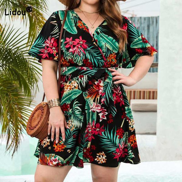 

basic casual dresses flower printed casual vacation a-line dress bohemian v-neck bandage short sleeve plus size womens pullover knee-length, Black;gray