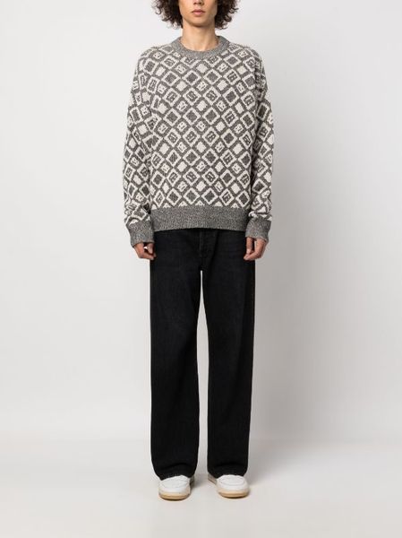 

luxury designer black/oatmeal beige face tiles checked-intarsia crew-neck jumper mushroom-jacquard patterned crew-neck cotton-blend sweater, White;black