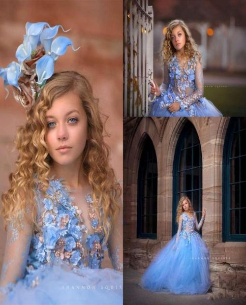 

blue princess flowers girls dresses for wedding long sleeve 3d floral lace applique bead ball gown kids pageant gowns first commun1762984, White;blue