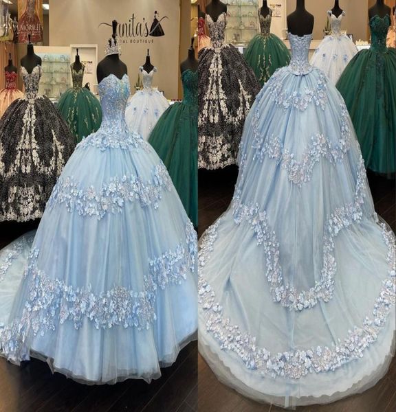 

2022 amazing light sky blue flower patterning quinceanera dresses pearl lace ball gown sweetheart corset xv vestido de sweet 15 pr8640441, Blue;red