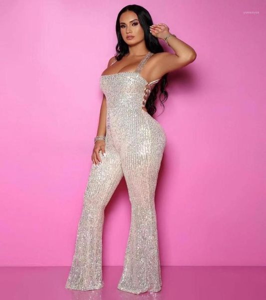 

hight quality autumn new spaghetti straps backless silvery sequins bodycon bandage jumpsuit elegant femal night club party16389847, Black;white