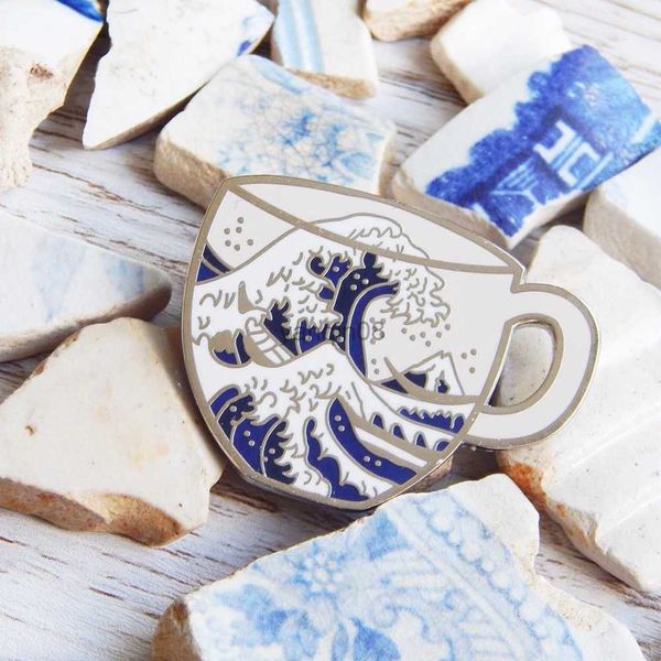 

pins brooches unique great wave teacup hokusai tea enamel pin japanese kanagawa art backpack pin decor unique gift hkd230807, Gray