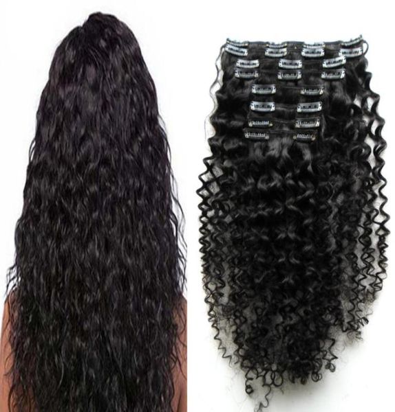 

8pcs kinky curly clip in human hair extensions full head sets 100 human natural hair clip ins brazilian remy hair2422710, Black;brown
