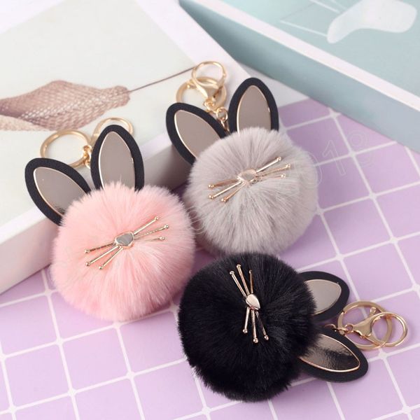 

fluffy rabbit fur ball cat head keychain pompom key chain imitation rabbit hair keyring holder bag charm trinket chaveiros, Silver
