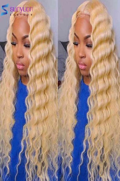 

honey blonde wave 613 hd transparent frontal deep curly wet and wavy 13x4 lace front human hair wigs6992287, Golden;white