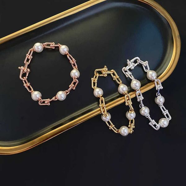 

925 sterling silver tiffay hardwear series chain buckled pearl bracelet women's simple temperament star same style, Golden;silver