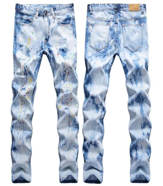 

men039s jeans male casual trousers street fashion handpainted splashing colorful ink holes straight denim pants 17003371938, Blue