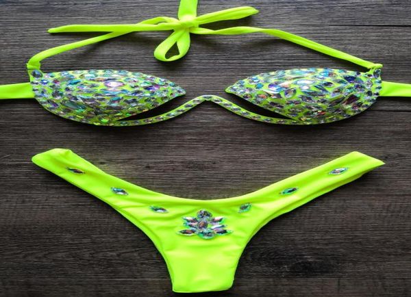 

2020 halter neon green crystal swimwear women push up bikinis rhine diamond luxury women bathing suits plus size7990926, White;black