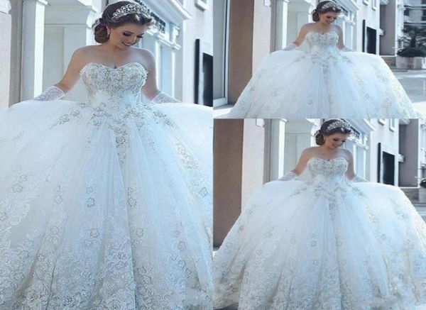 

elegant a line wedding dresses empire sweethaeart lace 3d floral appliques sleeveless sweep train ball gown puffly plus size brida7425463, White
