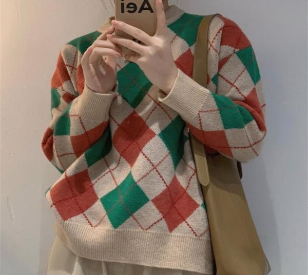 

women039s sweaters luukse argyle pattern drop shoulder sweater t2un78726901574197, White;black