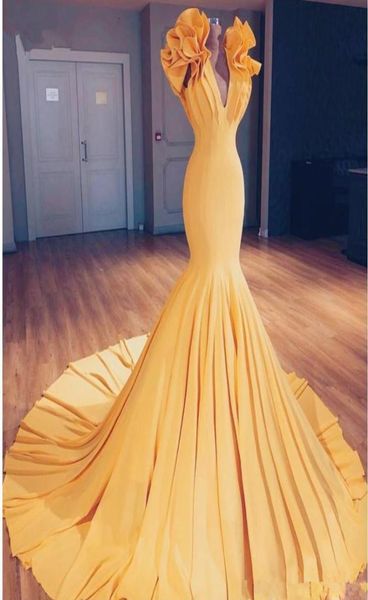 

yellow mermaid prom dresses 2020 v neck ruffles sweep train evening dress south african women ruched formal party gowns2325265, Black