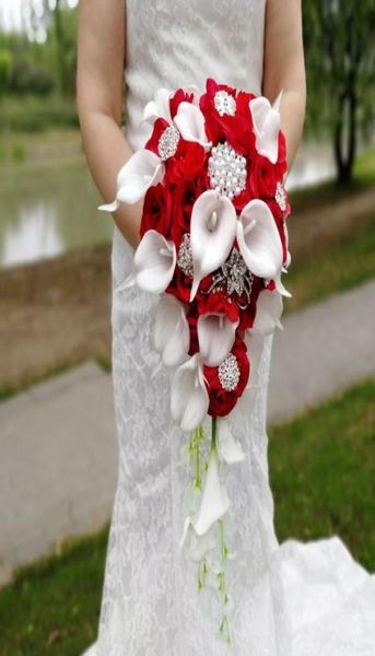 

waterfall wedding flowers white calla lilies red roses silk bridal bouquets de mariage artificial pearls crystal party decoration1238530