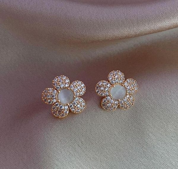 

stud lovelink design stainless steel gold color fashion earring inlaid zircon opal flower sweet cute female earrings jewelry9864105, Golden;silver