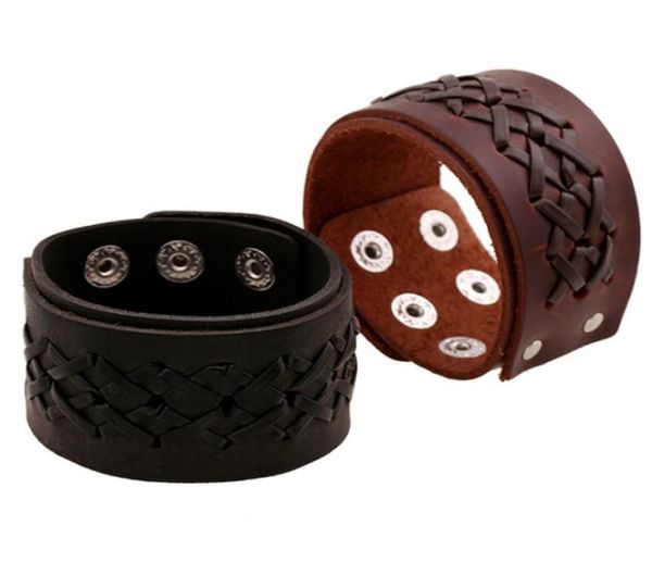 

real genuine leather cowhide woven black/brown mens jewelry metal buckle 4cm wide cuff wristband punk bracelets bangles7960157, White