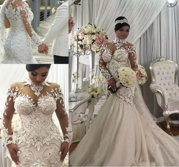 

azzaria haute couture nigeria mermaid long sleeve wedding dresses 2018 modest sheer high neck lace plus size arabic wedding gowns 8885220, White