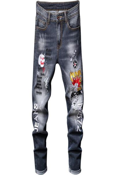 

fashion mens designer stretch destroyed jeans embroidered patches washed motocycle ripped denim pants hip hop trousers streetwear1647724, Blue