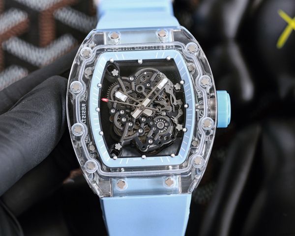 

rm055 luxury mens watch tonneau clear perspex wristwatches swiss automatic mechanical skeleton openworked dial designer watches sapphire cry, Slivery;brown