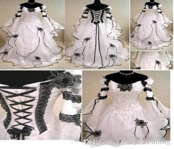 

vintage plus size gothic a line wedding dresses with long sleeves black lace corset back chapel train bridal gowns for garden coun6364673, White