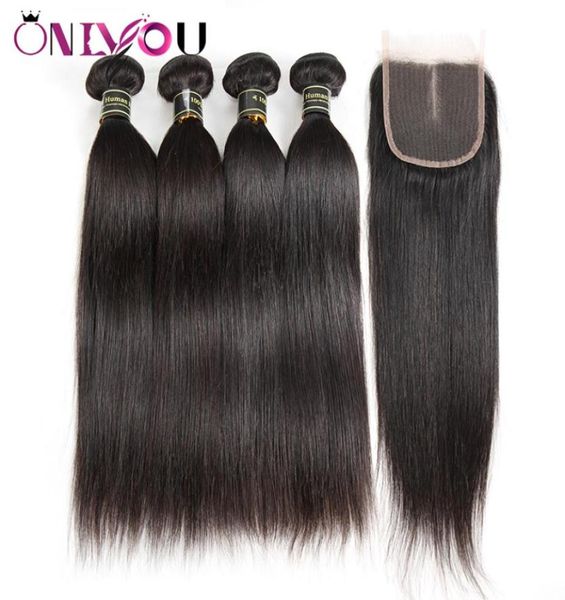 

silk straight human hair bundles with 4x4 middle part lave closure brazilian peruvian raw indian virgin hair extension weave7369447, Black;brown