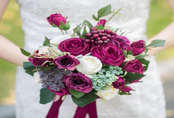 

2017 romantic bridal bouquets burgundy rose berry handmade artifical flower bouquet wedding bridesmaid ramo novia bouquet6652947