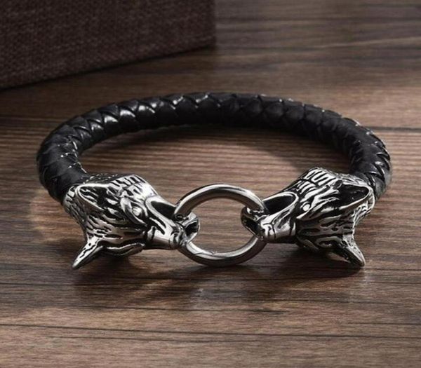 

bangle viking bracelet leather rope chain double bite ring for men amulet jewelry gift malebangle4828216, Black