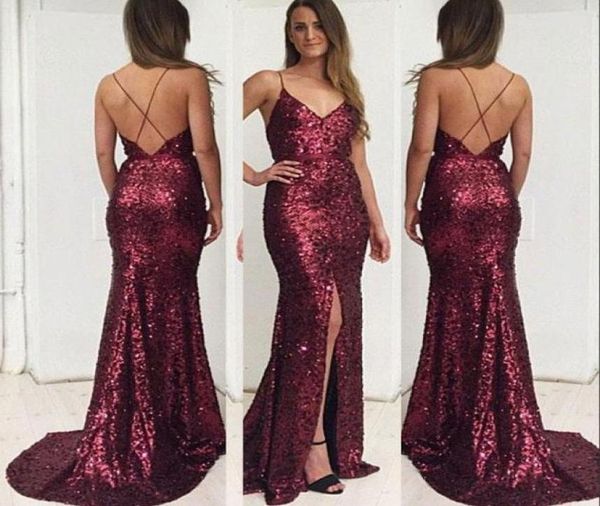 

sparkly split mermaid prom dresses burgundy criss cross straps backless formal dresses celebrity gown glamorous sequins eveni4533259, Black