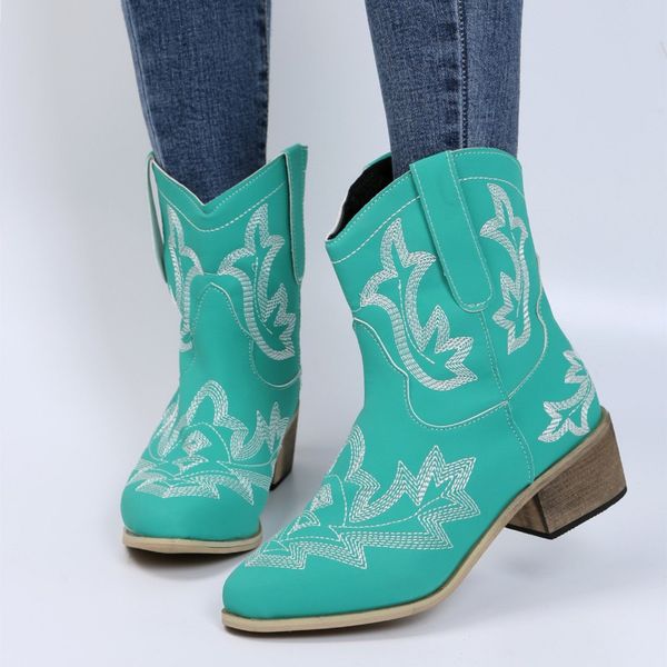 

boots ladies chelsea boots embroidered western pointed toe vintage cowboy boots winter casual square heel slip-on botas mujer 230807, Black