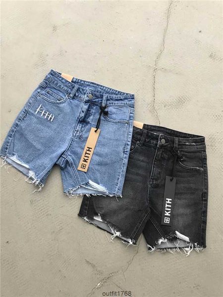 

summer women's kith co branded exclusive heavy water wash embroidered ragged edge worn fit denim shorts cycling pants, Blue