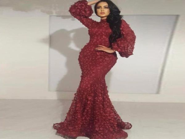 

burgundy full petals appliqued evening dresses high neck long sleeves mermaid prom dresses glamorous middle east lace evening gown8892643, Black