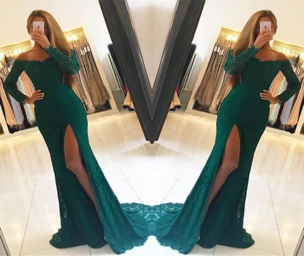 

dark green lace long sleeves side slit elegant offtheshoulder prom dresses evening party gowns custom made 20184528603, Black