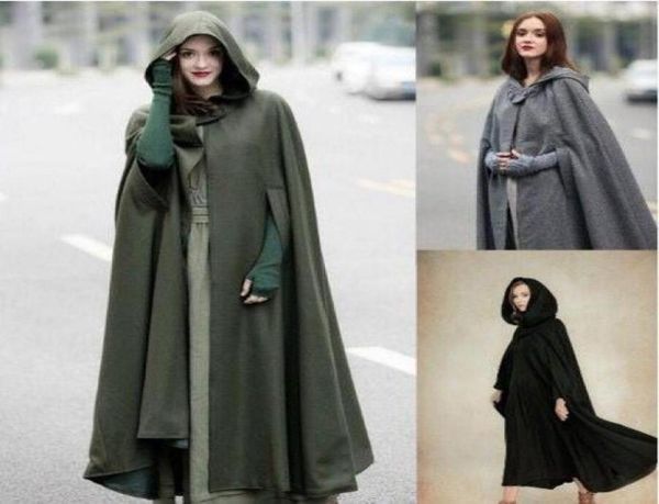 

womens cape hooded cloak solid color cardigan long coats cutton blend outerwear ladies cloting loose cloaks95910343935304, Black