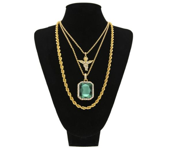 

men hip hop jewelry long rope chain iced out full rhinestone angel with square red 3 layers pendant necklace set4233811, Silver