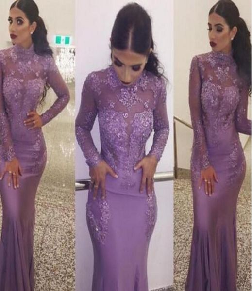 

purple high neck mermaid dresses evening wear lace appliques illusion beaded sheath tshirt long sleeves floor length formal prom 3145598, Black;red