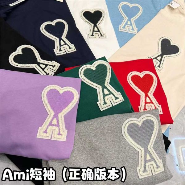 

the correct version of ami big heart zhangzai embroidery short sleeved men's and women's casual loose cotton half t-shirt for love, White;black