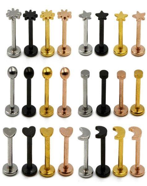 

4pc internally thread flat round star moon heart labret lip piercing ear tragus stud ring monroe body jewelry retainer 16g7325344, Slivery;golden