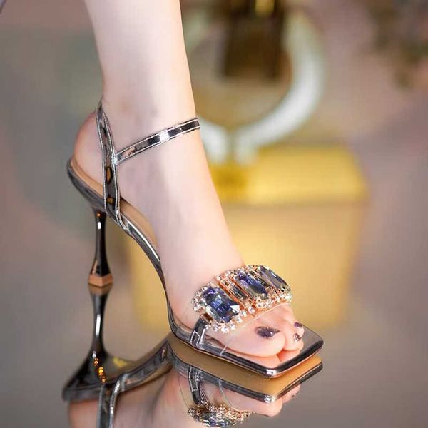 

gold silver high heels sandals women 2023 summer square toe shiny crystal woman ankle straps thin heel party pumps shoes 230807, Black