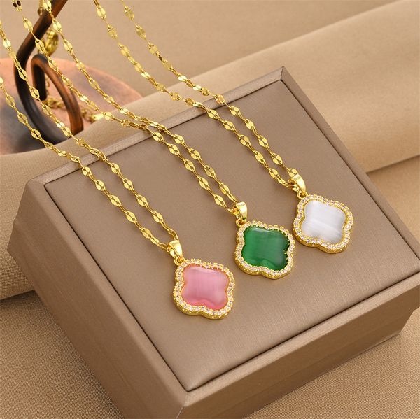

luxury design pink white green gemstone clover necklace for women gift, Silver