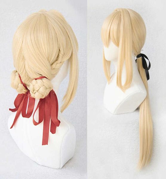 

violet evergarden ponytail braid buns blonde hair heat resistant cosplay costume wig wig cap ribbon y09033760938, Black;red