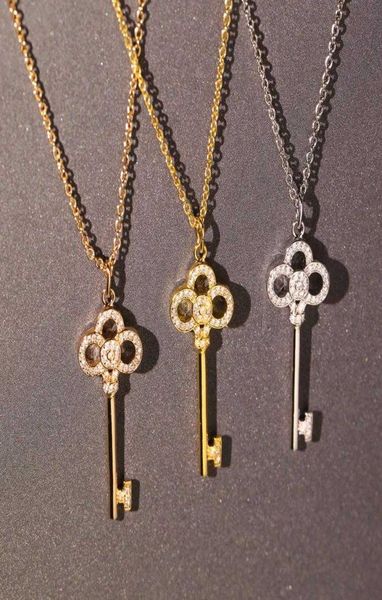 

europe america fashion style lady women brass 18k plated gold necklaces with engraved letter settings diamond key pendant 3 color8544470, Silver