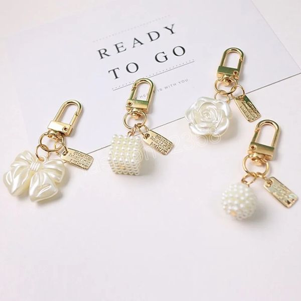 

white rose bowknot keychain for women girls car key holder pearl tassel pendant key ring handbag accessories, Silver