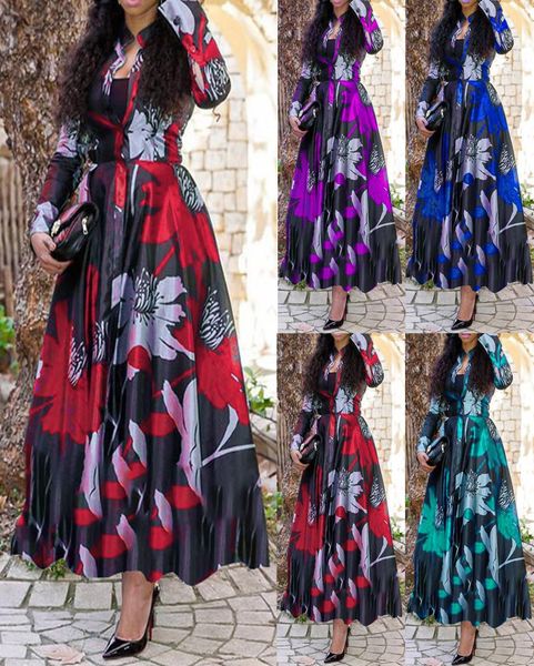

women boho wrap summer lond dress holiday maxi loose sundress floral print vneck long sleeve elegante prom dresses cocktail party6822504, Black
