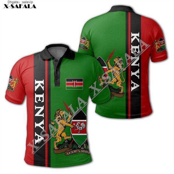 

kenya africa country flag lion 3d full printed men polo shirt collar short sleeve street wear casual tee mesh fiber, White;black