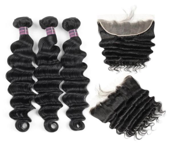 

ishow brazilian loose deep human hair bundles with closure kinky curly straight 34 pcs with lace frontal peruvian body for women 14309522, Black