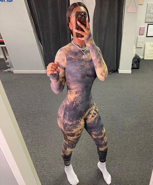 

women tie dye print long sleeve sport bodycon playsuit skinny jumpsuit streetwear autumn winter romper outfits5918790, Black;white