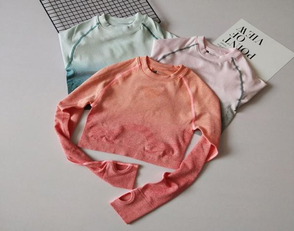 

autumn new ombre yoga shirts fitted long sleeve sport t shirt with thumb holes seamless fitness crop quick dry workout 7007513, White;red